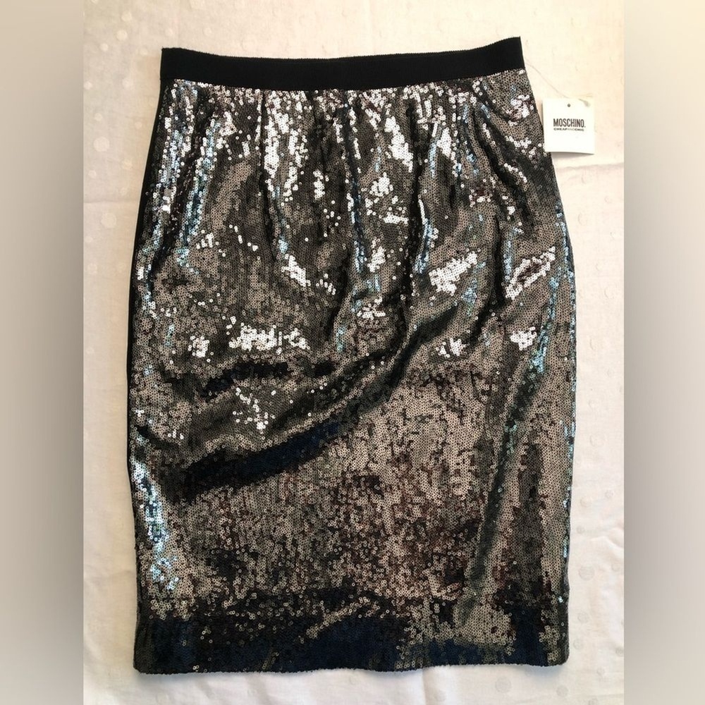 NEW Moschino Cheap and Chic Sequin Midi Skirt Pencil Sparkly Silver US 8 $550